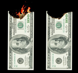 Burning money. Conceptual idea of ​​wasting or losing money on wrong trade. 100 dollars burned. American dollar.