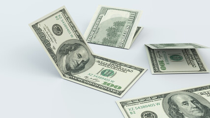 Money folded on top of a white table. 100 dollars. American dollar. 3d rendering.