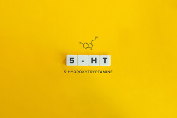 5-HT (Serotonin) Skeletal Formula and Banner. Letter Tiles on Yellow Background. Minimal Aesthetics.