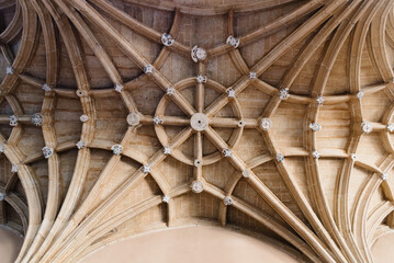 Directly below view of stone ribbed vault in Renaissance Style monument, Salamanca, Spain