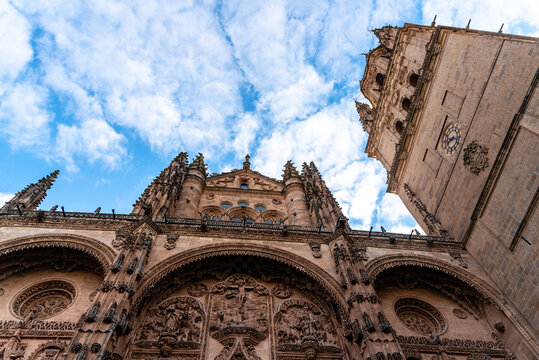 Main Facade In Plateresque Style Of The Cathedral Of Salamanca. Castilla Leon, Spain.