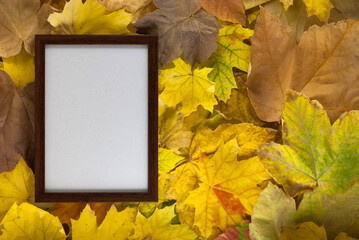 Naklejka na ściany i meble Autumn composition. Photo frame, dried leaves. Autumn, fall, Flat lay, top view