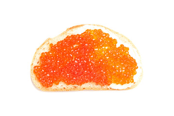 sandwich with red caviar and butter isolated on white background.