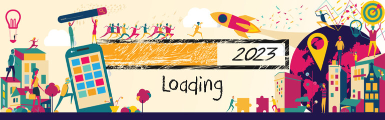 Business Loading 2023 (Ladebalken 2023) Vector Illustration Concept - Loading Bar 2023. Loading 2023 New Year - New Year Countdown 2023 Vector. New Year 2023 Greetings Loading.