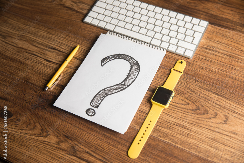 Poster question mark and keyboard with clock