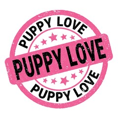 PUPPY LOVE text written on pink-black round stamp sign.