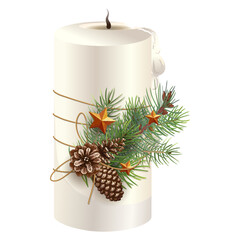 Decorative Festive Christmas Wax White Candle Decorated With Fir Branches, Beautiful Gold Stars, Fir Cones, Golden Decorative Cord, Traditional Winter Holiday Decor