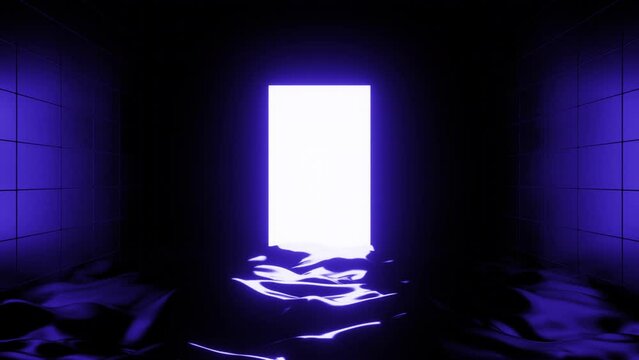 The basement is filled with water with a bright window. Design. Blue and orange illumination with a black room and water and a light empty space made in abstraction.