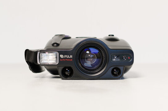 York, england, 05.05.2019 A retro vintage Fuji fujinon fz3000 zoom date 35mm Film Auto focus film Japanese camera. retro vintage classic film camera body with body cap.