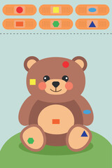 Math game. Logic for preschool children. The study of geometric shapes and colors. Help the bear heal his wounds. Vector illustration.