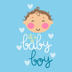 Cute illustration of a baby boy face with handmade letters
