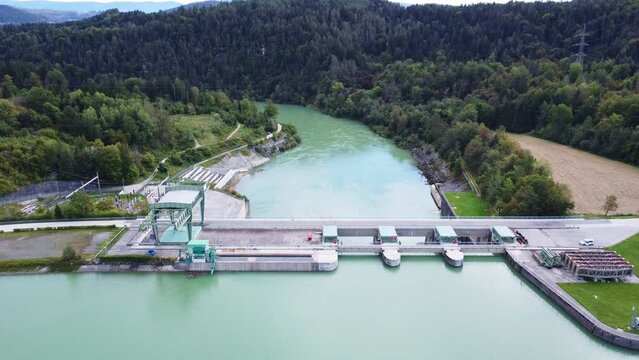 Aerial view of the water power plant Edling at the river Drau	