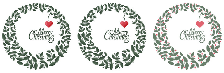 Obraz premium Three wreaths of mistletoe with the inscription Merry Christmas and a heart. Symbolic image for Merry Christmas, seasonal greetings in winter. 