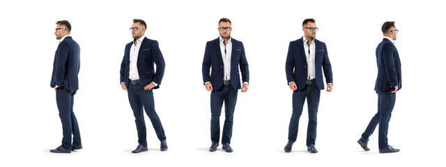 Business man in full growth, standing on a white background. Model man five poses. - Powered by Adobe