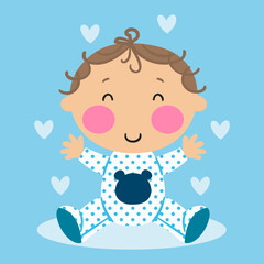 Illustration of a sweet little boy wearing a romper and hearts around it