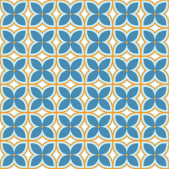 Blue and orange geometric seamless vector pattern. Bright, bold and simple geo style abstract flower shapes in a contemporary repeat print. 