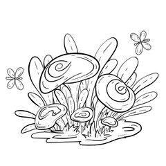 Coloring page mushrooms growing in a group with wild herbs and butterflies flying above.