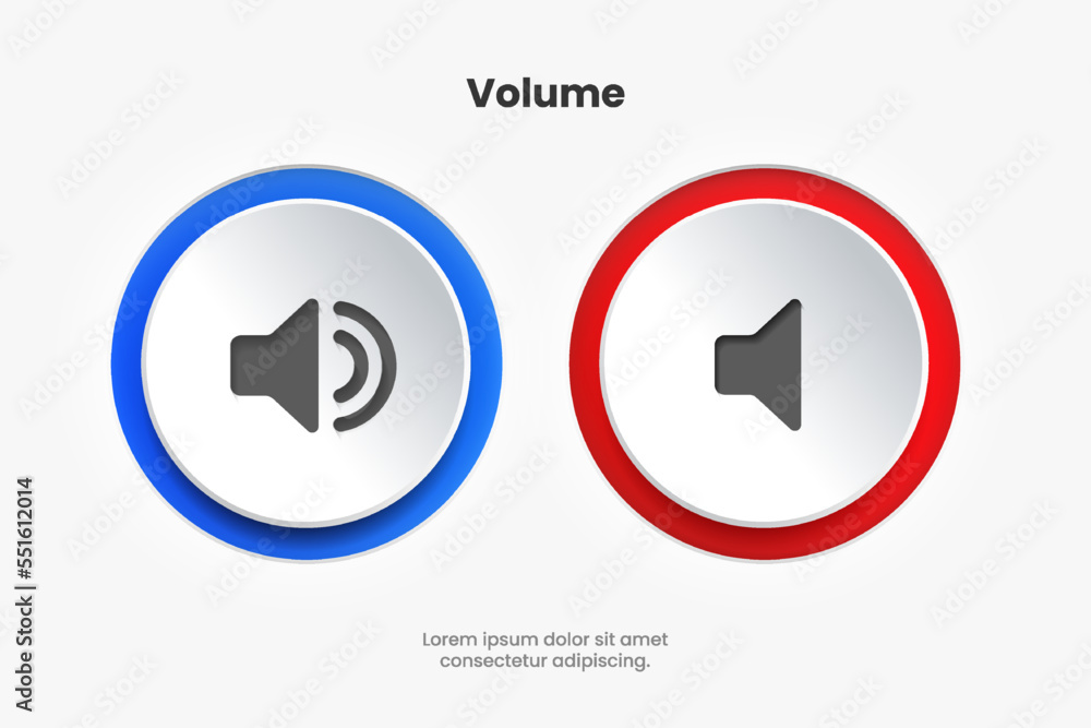 Fototapete Speaker and sound icon. Volume up down sign  Computer voice icon. Megaphone and music icon. Sound pictogram. Audio sign. UI UX element. Sound button. Audio system, noise with soft UI, push button.