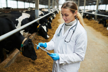 Young modern female veterinarian in lab coat scrolling in tablet through online information about...