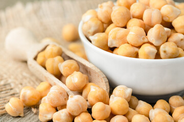 chickpeas close-up in a bowl on the table