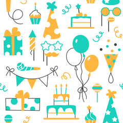 Birthday seamless flat line pattern design. Abstract minimal color festive party elements on white background. Balloon muffin gift candy cake. Wrapping paper, wallpaper repeat tile vector illustration