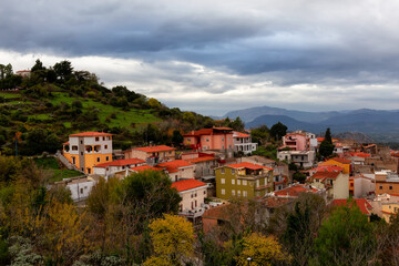 Fototapeta na wymiar View of small touristic town in the mountains. Dorgali, Sardinia, Italy.