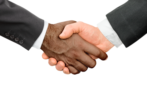 white and african american businessman handshake on white isolated background