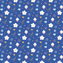 Flowers wallpaper, kids pattern, blue flowers pattern with cakes, hearts