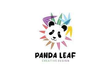 Cute panda logo design with colorful bamboo leaves