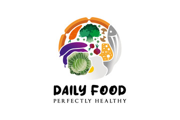 Food logo design, healthy food with eggs, cheese, fish and vegetarian