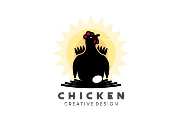 Laying hen logo design, chicken farm, chicken logo with silhouette sitting in nest