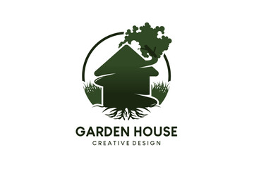 House icon logo design, green house, tree house, garden house with creative concept
