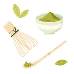 Bamboo tools for Matcha green tea ceremony. Isolated vector illustration set on white background. Trendy Japanese drink.