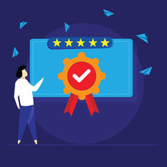 Hand holding Quality badge with premium product certificate guarantee, certified check mark ribbon label, award and warranty approved