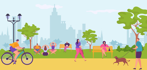 People in city park, walking, bicycling, sitting on bench, doing yoga vector illustration. Urban cityscape and citizens having fun.