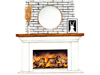 Watercolor illustration interior of living room with fireplace, decor. Clipart. Home decor elements on a white background.