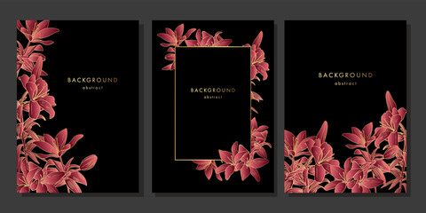 Set of luxury banner with pink golden lilies. Shiny gold flowers on black background.