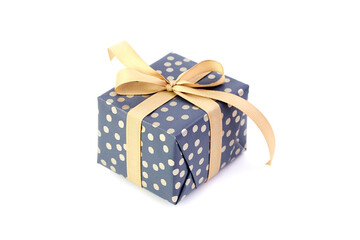 Gift box with bow isolated on white. Wrapped Christmas or birthday green color gift box. Single present