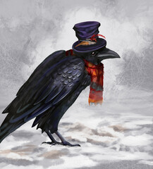 Black funny cartoon raven wearing a top hat decorated with bright feathers and a bright red scarf on a winter background