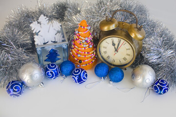  Elegant composition with Christmas orange handmade tree with blue and silver baubles and retro...