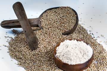 Top view of Sorghum grains and sorghum flour on white background,Healthy food sorghum for diet