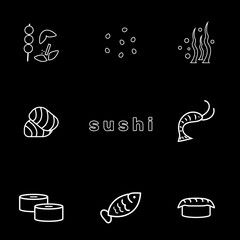 Set of wok icons. White outline on a black background. Asian food. Vector illustration.