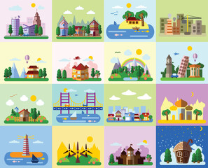 Flat design of retro and modern city houses. Old buildings, skyscrapers. colorful cottage building, cafe house.