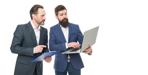 Modern technologies. Partnership. Business technologies. Director boss surfing internet. Colleagues work. Software technologies for accounting. Man bearded manager show financial report laptop