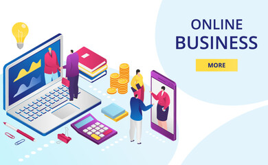 Online business in internet, digital office webpage, landing page vector illustration. Ecommerce with businessman communicating online.