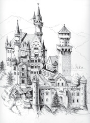 German castle freehand drawn with ballpoint pen