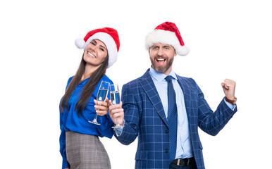 corporate xmas party of succesful santa business couple. merry christmas to santa business couple