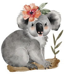 Animal koala with a flower on a tree branch, watercolor illustration. © Lana