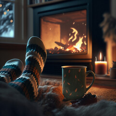 Realistic cozy scene in front of a fireplace. there is a lit tree outside the window. We can see the feet of a person propped up in fuzzy socks. There is a candle and cup of coffee, tea, or cocoa.