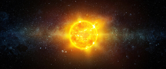Panoramic view of the Sun, star The sun shines in space. A wide view of the sun and stars from...